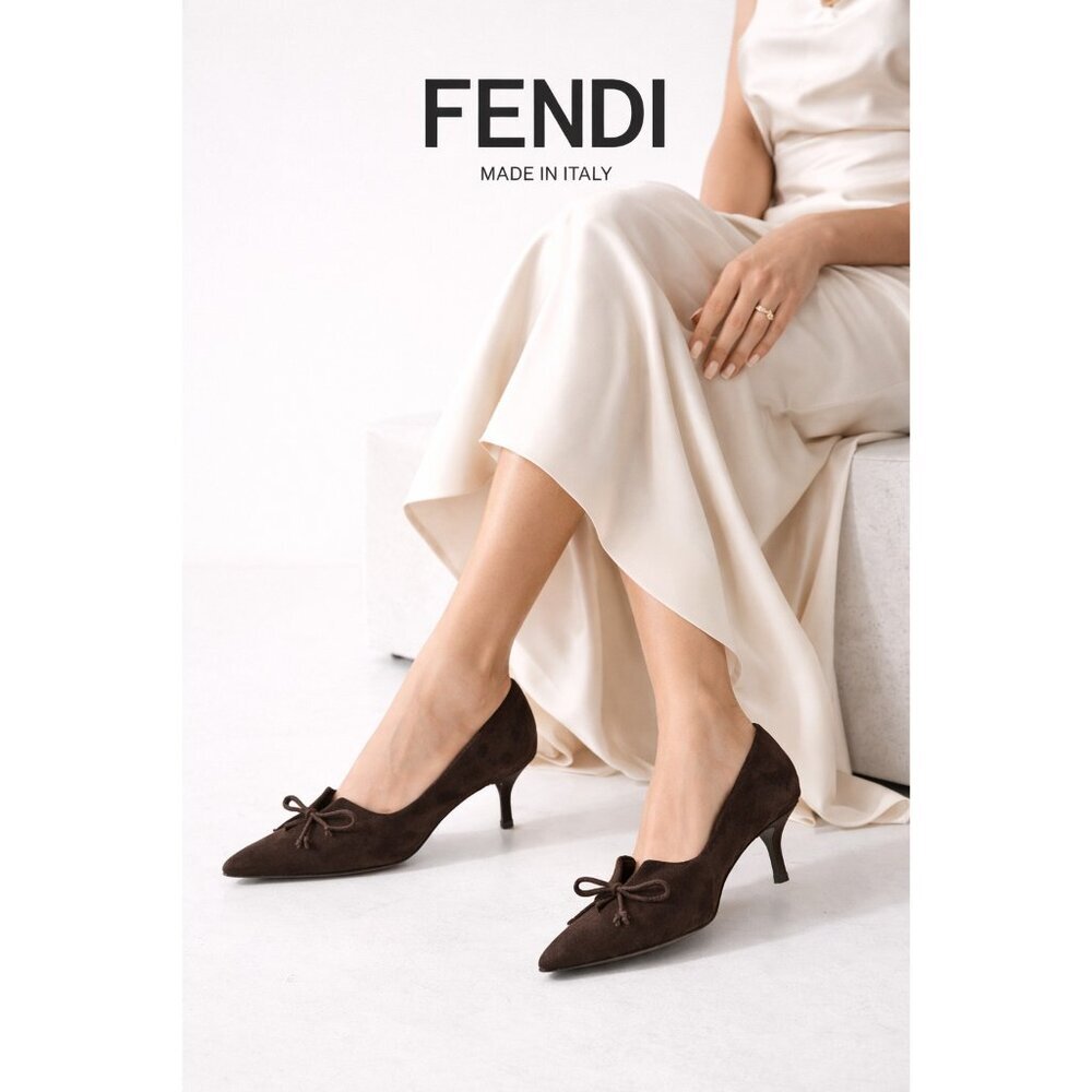 Fendi Brown Suede Pointed Toe Kitten Heel Pumps Bow Detail EU 40 US 9 Italy - Picture 1 of 11